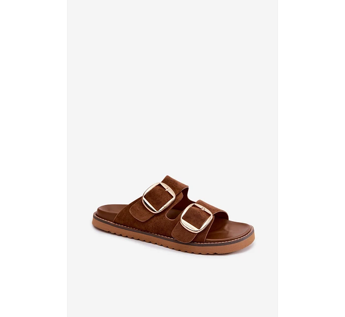 Dámské pantofle z imitace semiše s zlatými přezkami Camel model 22122708 - Boto