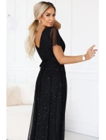 dlouhé lesklé šaty s výstřihem a krátkými rukávy černé model 21413760 - numoco basic