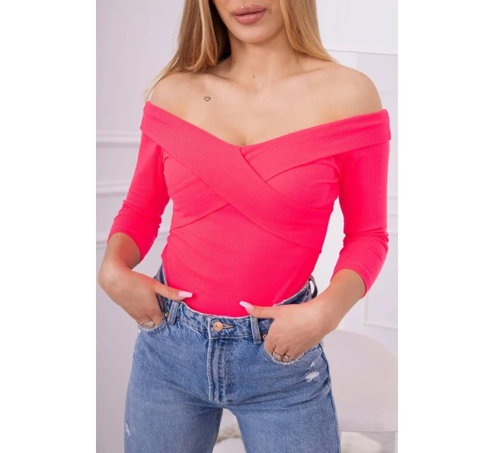 Halenka s výstřihem do V růžová neonová