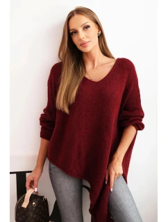 Dámský asymetrický svetr z vlny Plus Size s výstřihem do V bordový