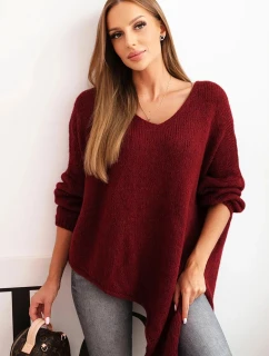 Dámský asymetrický svetr z vlny Plus Size s výstřihem do V bordový