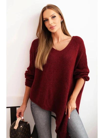 Dámský asymetrický svetr z vlny Plus Size s výstřihem do V bordový