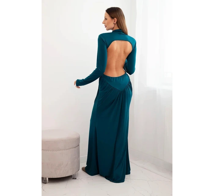 Dámská dlouhá šaty s viskózou a rolákem a odhalenými zády mořská