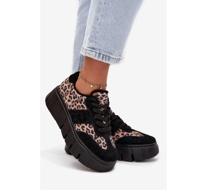 Semišové zateplené dámské tenisky na masivní platformě model 21707648 Panterka Černé - VINCEZA