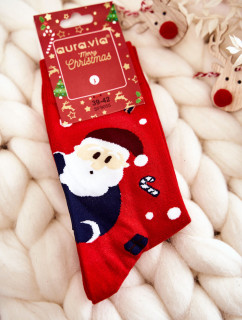 Pánské vánoční bavlněné ponožky s Santa Clausem a soby červene