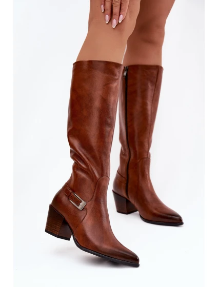 Kožené Kozačky Na Podpatku S Přezkou Zateplené Zazoo 70156 Hnědé Kožené Kozačky Na Podpatku S Přezkou Zateplené Zazoo 70156 Hnědé