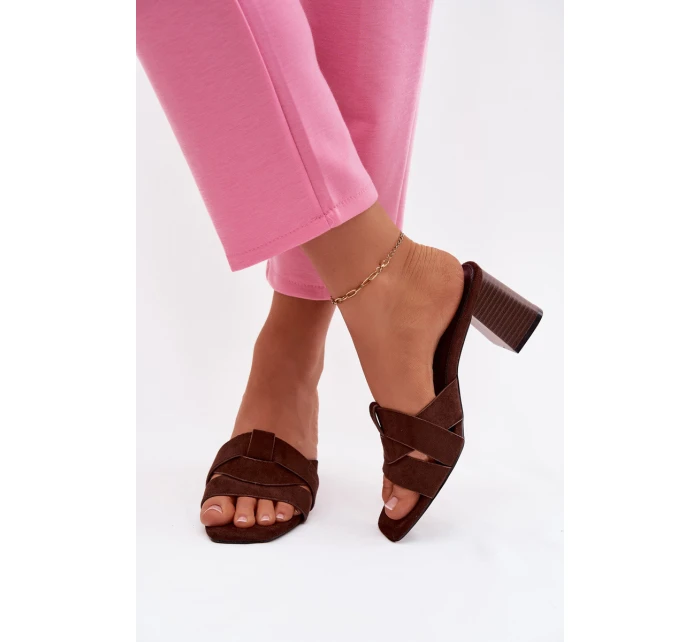 Dámské páskové sandály na podpatku Eko semišové Čokoládové Corivelle