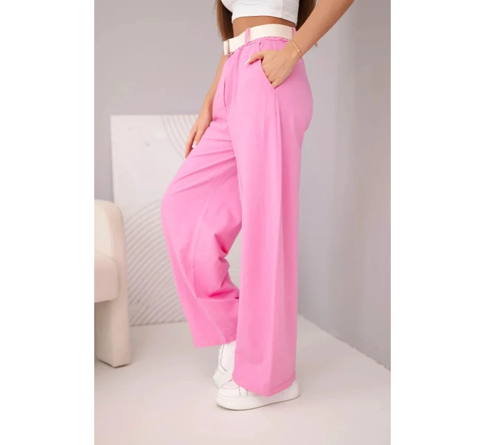 Dámské bavlněné kalhoty se širokou nohavicí a páskem cukrově růžová