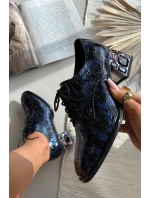 Kožené lakované dámské lodičky na podpatku s krystaly model 21710419 tmavě modré - Artiker