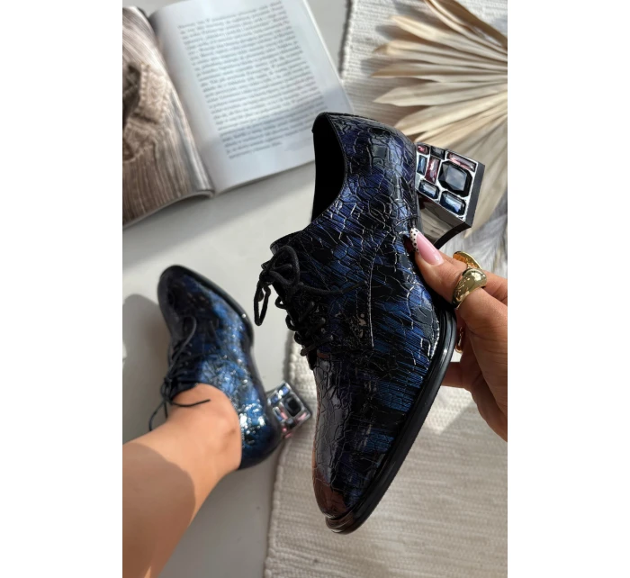 Kožené lakované dámské lodičky na podpatku s krystaly model 21710419 tmavě modré - Artiker