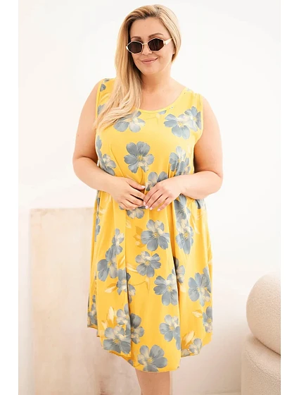 Dámské šaty Plus Size viskózové s květinovým vzorem na ramínkách hořčicová Dámské šaty Plus Size viskózové s květinovým vzorem na ramínkách hořčicová