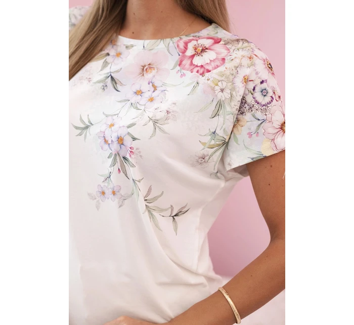 Dámská bavlněná blůza s krátkým rukávem a květinovým potiskem ecru Dámská bavlněná blůza s krátkým rukávem a květinovým potiskem ecru