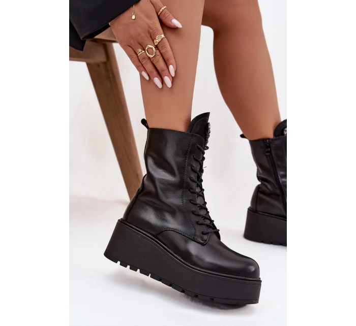 Kožené dámské obuv s ozdobou zateplené černé model 21713770 - Boto Kožené dámské obuv s ozdobou zateplené černé model 21713770 - Boto