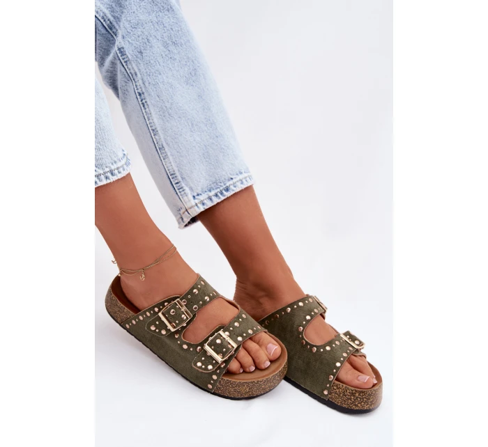 Dámské pantofle se zlatými sponami a knoflíky tmavě zelené Tervina