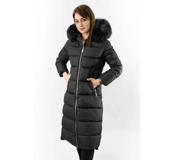 Černá dlouhá dámská zimní bunda s kapucí (7688BIG)