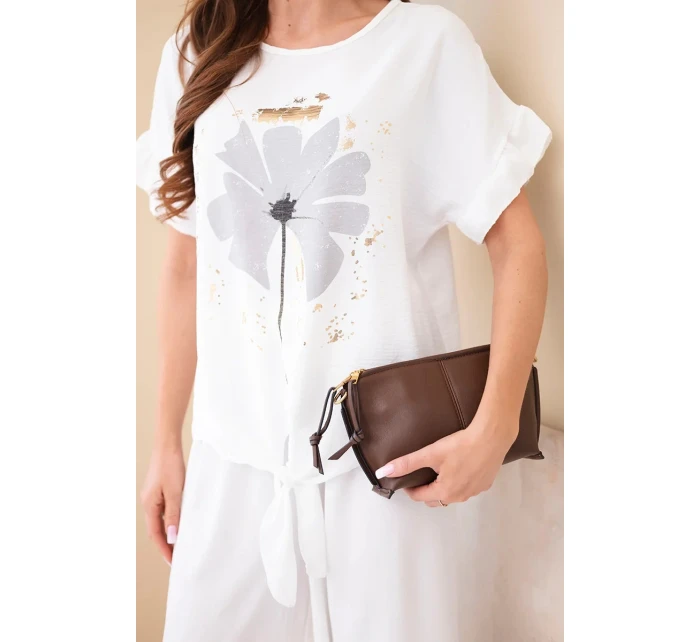 Dámský viskózový komplet s halenkou s potiskem a kalhotami bílý