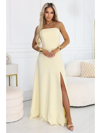 maxi šaty s rozparkem a zavazováním na zádech žluté model 22064816 - numoco maxi šaty s rozparkem a zavazováním na zádech žluté model 22064816 - numoco