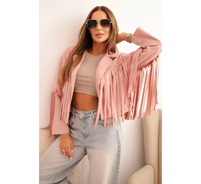 Dámská bunda s třásněmi z semiše tmavě pudrově růžová Dámská bunda s třásněmi z semiše tmavě pudrově růžová