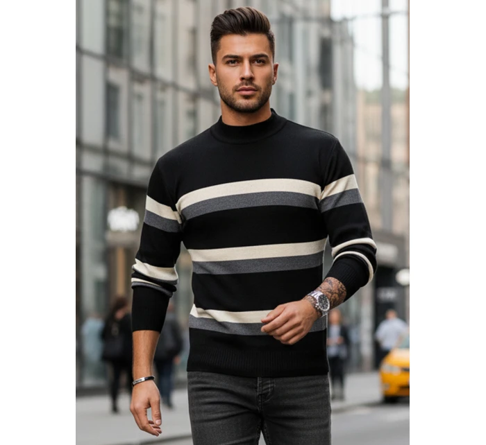 Pánský pruhovaný svetr s polovičním rolákem černý FashionStreet WX2127