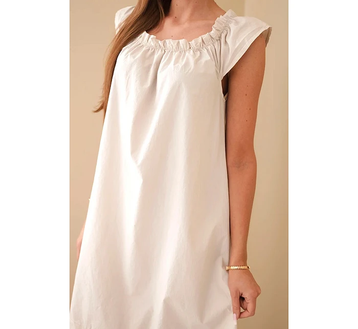 Dámské bavlněné šaty s nařaseným výstřihem a volánkem béžová Dámské bavlněné šaty s nařaseným výstřihem a volánkem béžová