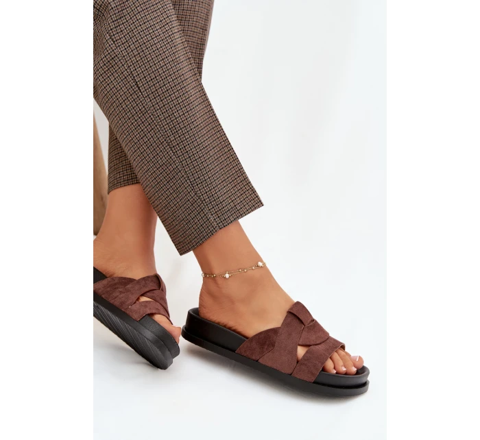 Dámské pantofle Eko semiš s pásky tmavě hnědé model 21918929 - Boto Dámské pantofle Eko semiš s pásky tmavě hnědé model 21918929 - Boto