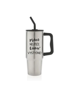 PRÁCE NEUTEČE, KÁVA VYSTYDNE! - stříbrný cestovní termohrnek 900 ml
