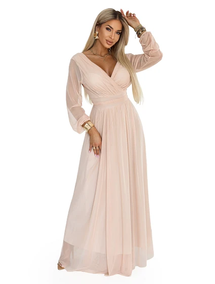 Dlouhé maxi šaty s rukávy a obálkovým výstřihem broskvová barva model 22175035 - numoco basic