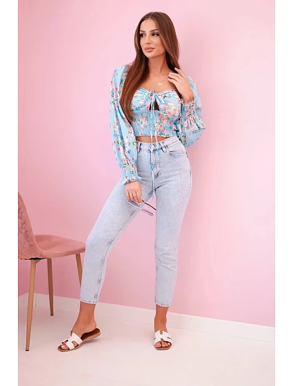 Dámská španělská halenka s květinovým vzorem, dlouhý rukáv modrý