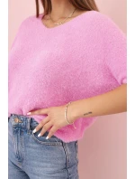 Dámský svetr z měkkého chloupku s V výstřihem krátký rukáv světle růžový Dámský svetr z měkkého chloupku s V výstřihem krátký rukáv světle růžový