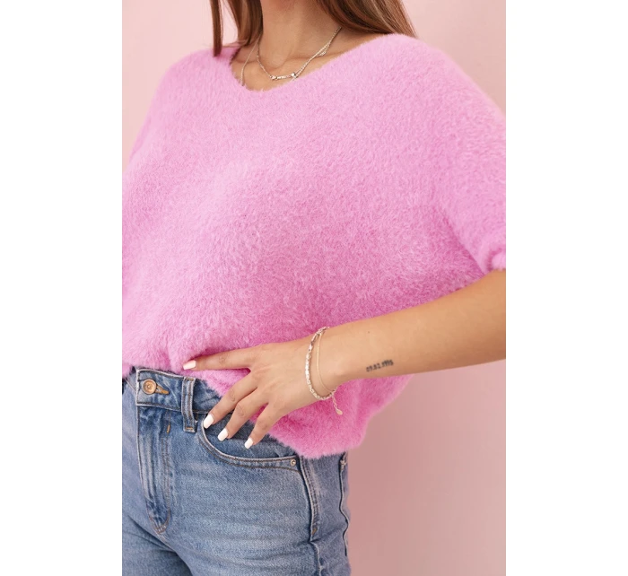 Dámský svetr z měkkého chloupku s V výstřihem krátký rukáv světle růžový Dámský svetr z měkkého chloupku s V výstřihem krátký rukáv světle růžový