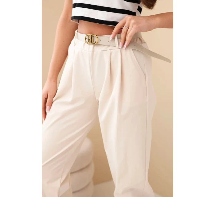 Dámské bavlněné kalhoty s vysokým pasem a páskem béžová