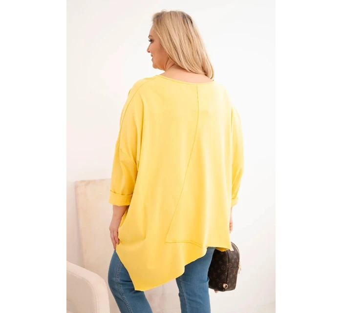 Dámská bavlněná blůza Plus Size s asymetrickým spodním lemem a výstřihem do V žlutá