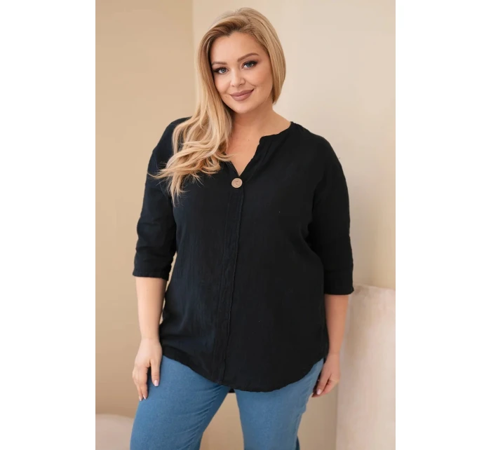 Dámská bavlněná halenka Plus Size s výstřihem na knoflíky černá Dámská bavlněná halenka Plus Size s výstřihem na knoflíky černá