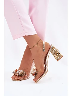 Průhledné sandály na podpatku s krystaly model 22102714 zlaté - VINCEZA