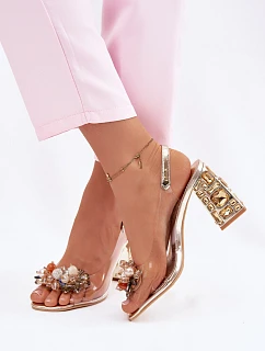 Průhledné sandály na podpatku s krystaly model 22102714 zlaté - VINCEZA