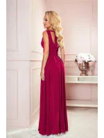 JUSTINE - Dlouhé dámské šaty v bordó barvě s výstřihem a zavazováním 362-5