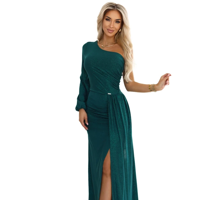 658-2 Třpytivé maxi šaty na jedno rameno s asymetrickými rukávy a rozparkem - lahvově zelené 658-2 Třpytivé maxi šaty na jedno rameno s asymetrickými rukávy a rozparkem - lahvově zelené