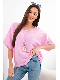 Dámská bavlněná oversize halenka s krátkým rukávem bonbónově růžová