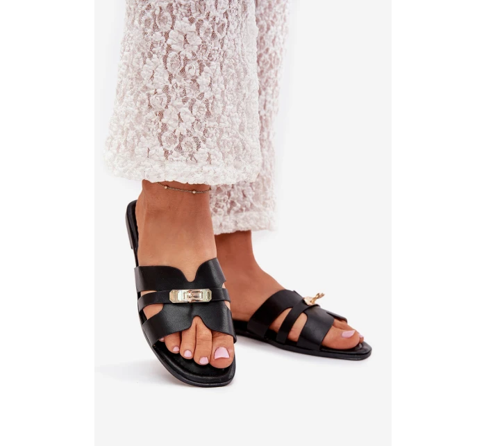 Ploché Dámské Pantofle S Páskem A Zlatým Detalem Černé Kerenza Ploché Dámské Pantofle S Páskem A Zlatým Detalem Černé Kerenza