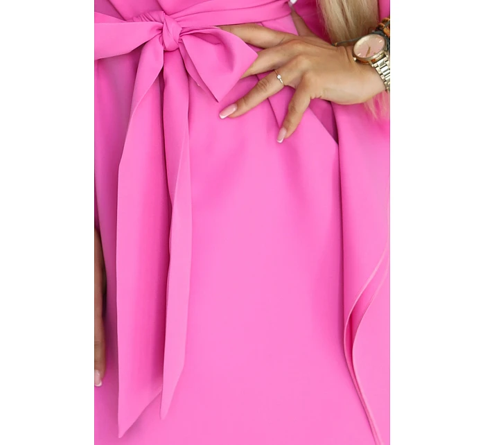 287-42 SOFIA Růžové motýlí šaty se zavazováním v pase - světle fuchsiová barva