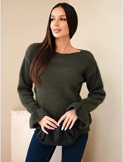 Dámský svetr s model 22342328 a vlnou s volánem na rukávech khaki - K-Fashion
