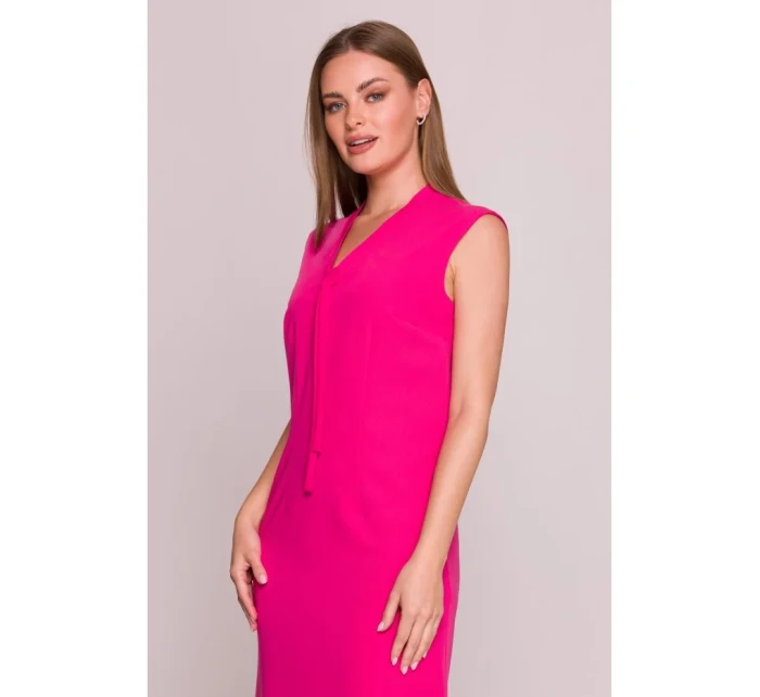 model 21154794 Šaty áčkového střihu s vázáním a výstřihem do V růžové - STYLOVE model 21154794 Šaty áčkového střihu s vázáním a výstřihem do V růžové - STYLOVE