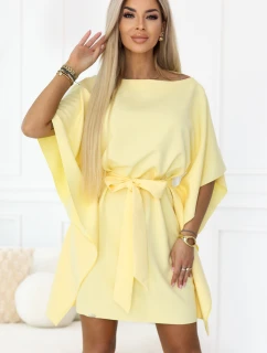 287-41 SOFIA Motýlí šaty se zavazováním v pase - pastelový citron