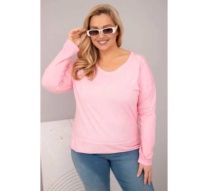 Dámská blůza Plus Size s V výstřihem a delším zadním dílem světle růžová