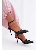 Dámské sandály na podpatku zdobené flitry a korálky Černé model 22092169 - Boto