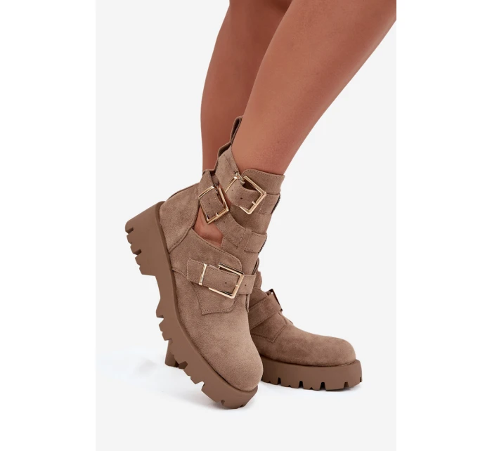 Dámské kotníkové boty s pásky a zlatými přezkami Helisse – béžové