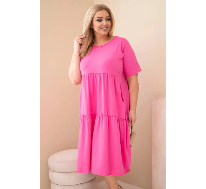 Dámské bavlněné plus size šaty s krátkým rukávem a volánem růžová