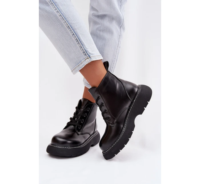 Dámské zateplené kotníkové boty na platformě s šněrováním Černé model 21935154 - Boto