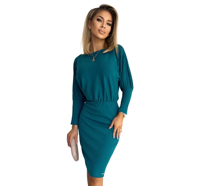 Dámské žebrované šaty v mořské barvě se stahovacími lemy na rukávech model 17913674 - numoco