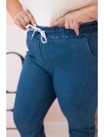 Dámské bavlněné kalhoty Plus Size s elastickým pasem a zavazováním denim Dámské bavlněné kalhoty Plus Size s elastickým pasem a zavazováním denim